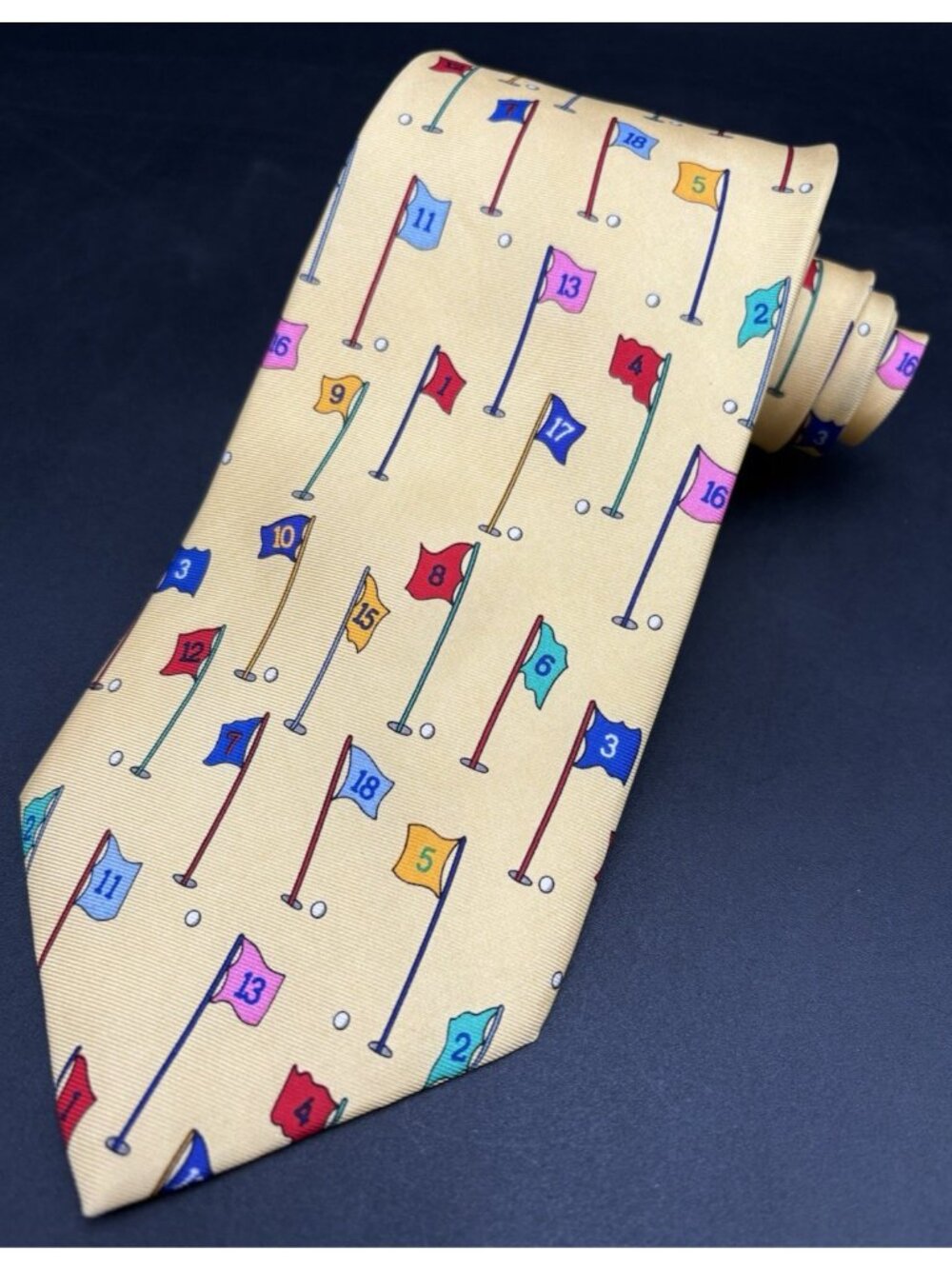 Golf Men's REEP Tie Yellow Green Hole 1-18 Flags 100% Silk Tie Golf Pattern GUC